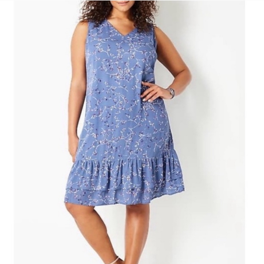 J. Jill Dusty Blue Floral V-Neck Ruffle-Hem Midi Dress